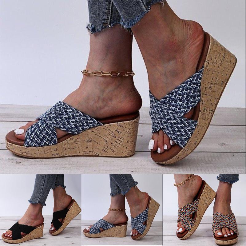 

Sandals Women Platform Shoes 2021 Summer Slipper Cross Strap Flip-flops Beach Wedge Slippers D4