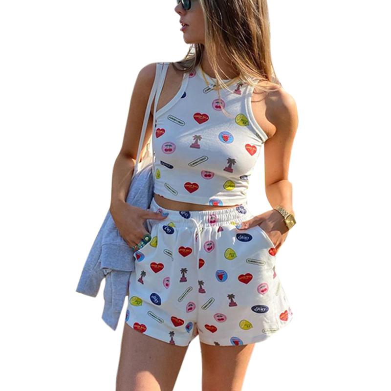 

Women' Swimwear 2 Pcs Women Fruit Print Outfits, Adults Sleeveless Round Neck Crop Tops + Shorts With Pocket, Drawstring, White