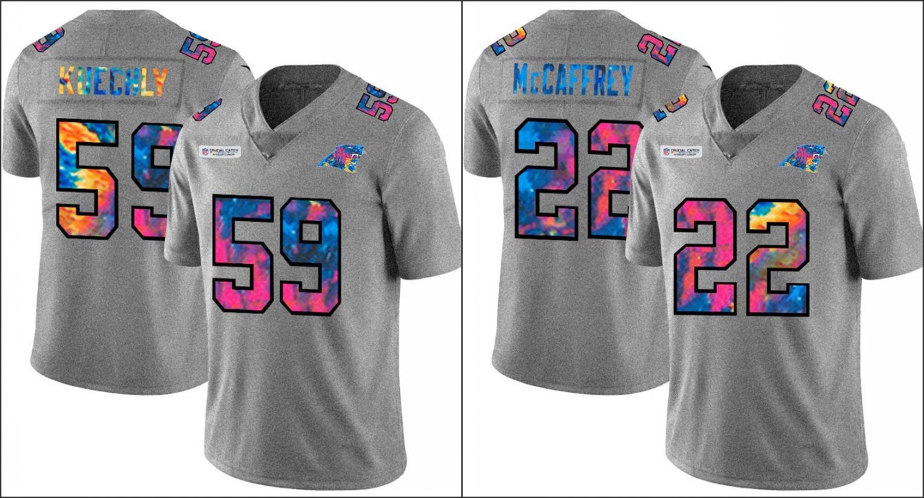 

CarolinaPanthersMen #59 Luke Kuechly 22 Christian McCaffrey Grey Heather Multi-Color Women Youth Crucial Catch Jersey, Black