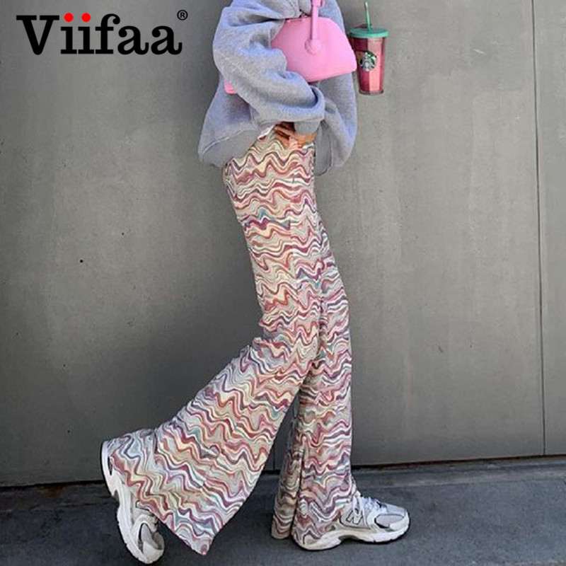 

Viifaa Multicolor Stripes Korean Fashion Streetwear Women Flare Pants High Waist Bell Bottom Vintage Slim Trousershigh quality, Multi