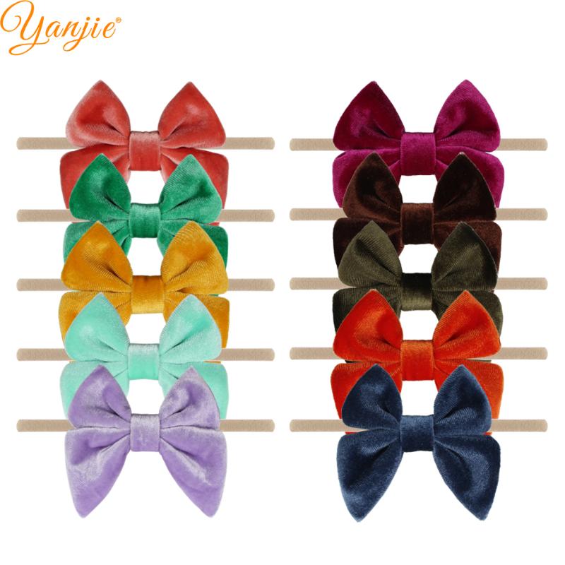 

Hair Accessories 10pcs/lot Cute 3'' Velvet Sailor Bow Nylon Headband For Girls 2021 Winter Kids Baby Soft Bands Children, Green