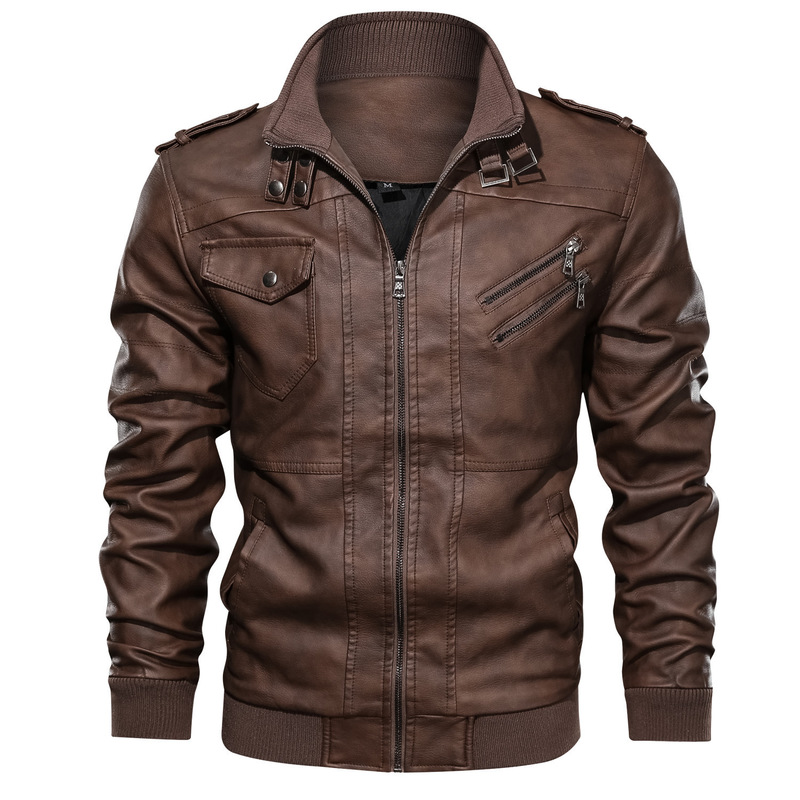 

Zipper Men s Leather Jacket High Quality Stand Collar Retro Comfortable Warm Fashion Travel Commuter, Black