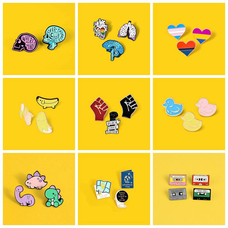 

Pins, Brooches Brooch Set Fist Retro Radio Dinosaur Duck Banana Rainbow Heart Over-thinking Brain Cartoon Jewelry Lapel Pin Badge Gift