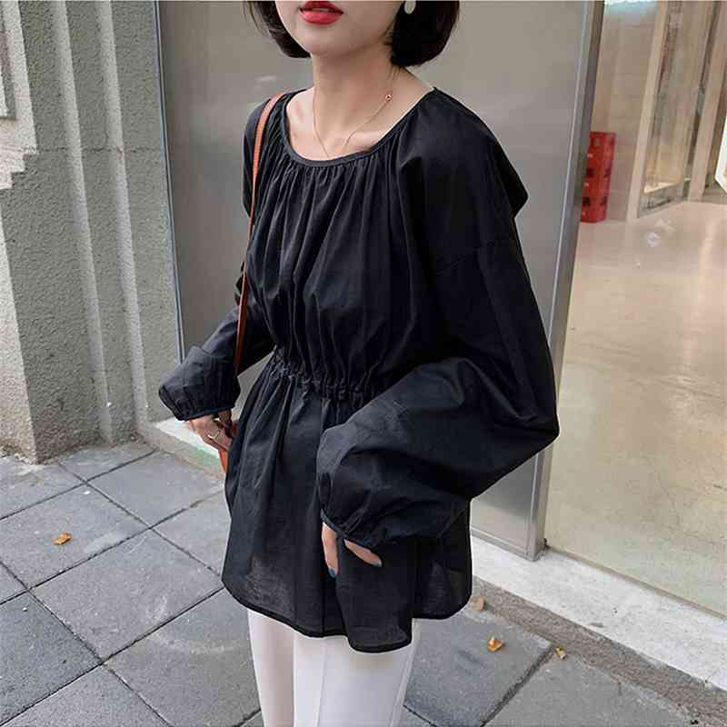 

Qooth Women Green Blouse Loose Casual Long Sleeve Korean Student Cotton Shirts Black Elegant Tops Autumn Clothes QT166 210518