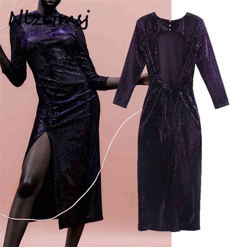 

Dres Purple Sequin Party Fashion Glitter Backless Sexy Midi es Woman Hem Vent Elegant 210628, As picture