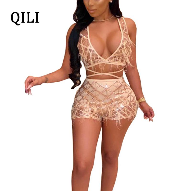 

Women' Jumpsuits & Rompers QILI Sexy 2 Piece Set Jumpsuit Women Beading Feathers Lace Up Plaid Romper Sleeveless Club Playsuits, Black