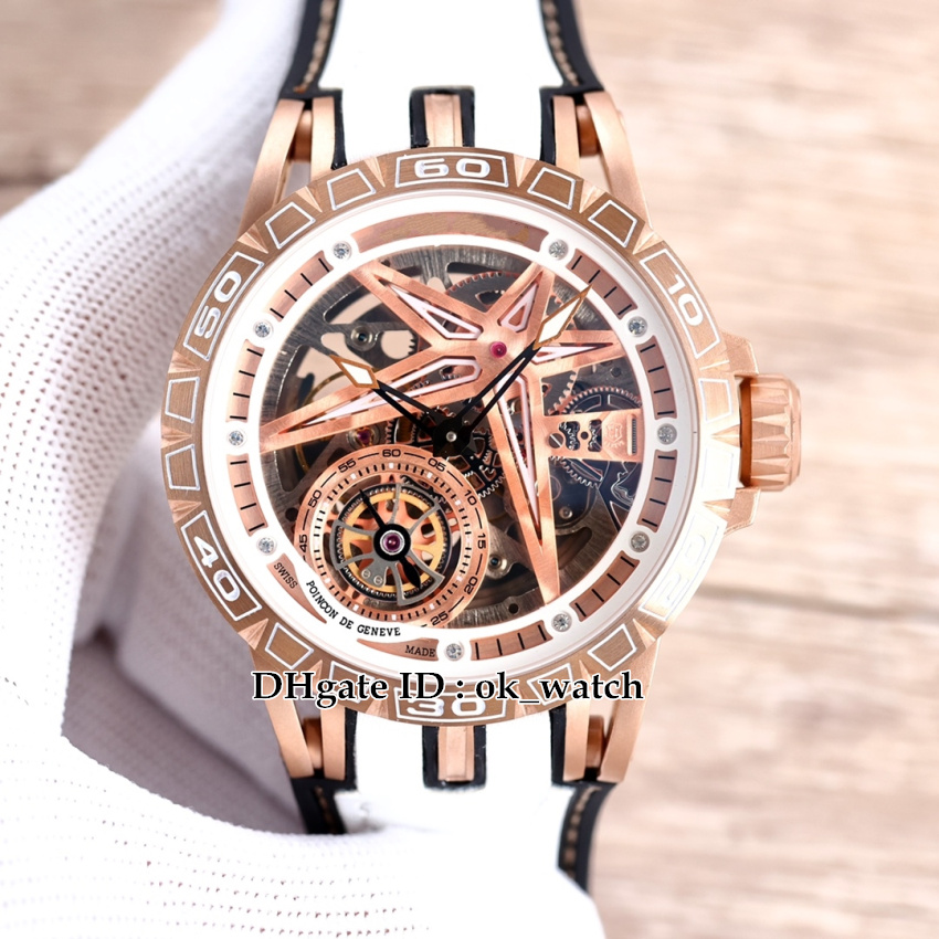 

New 46mm Excalibur Spider RDDBEX0816 Tourbillon Automatic Mens Watch Skeleton Dial Rose Gold Steel Case High Quality Gents Sport Watches White Leather Strap