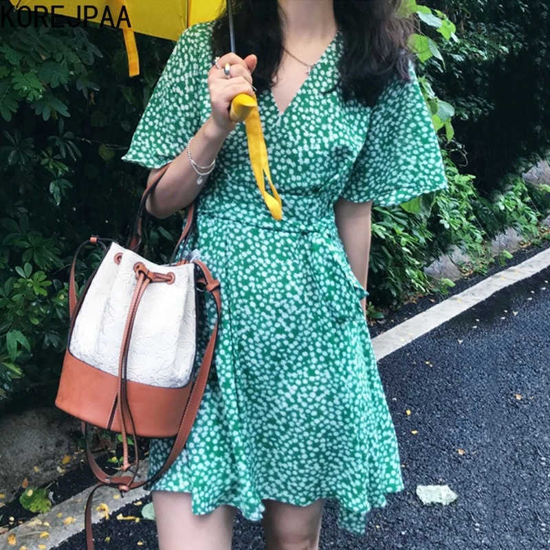 

Korejpaa Women Mini Dress Korean Fashion Chic Summer Retro Elegant V-neck Cross Floral Waist Strap Short Vestido Female 210526, Green
