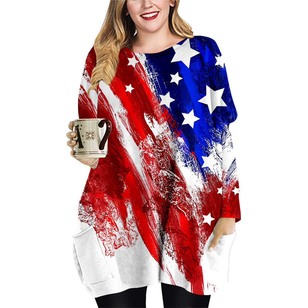 

Spring and autumn stitching five-pointed star pattern long pocket T-shirt XL female element round neck dress, Black;gray