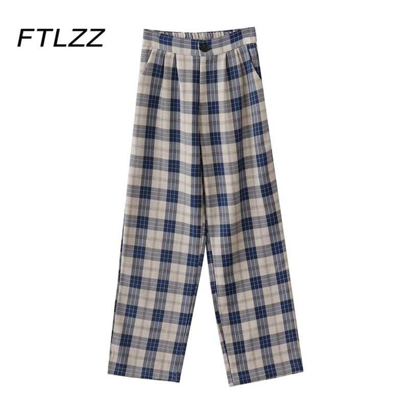 

Women Korean Plaid Trousers Woman High Waisted Loose Wide Leg Pants Summer Street Bottoms 210525, Blue grid
