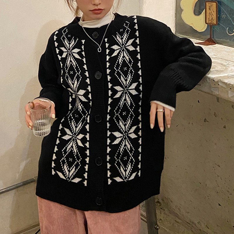 

2021 spring autumn korean style knittd cardigans womens loose Vintage sweaters cardigan womens Outwear Coats (F1475), White;black
