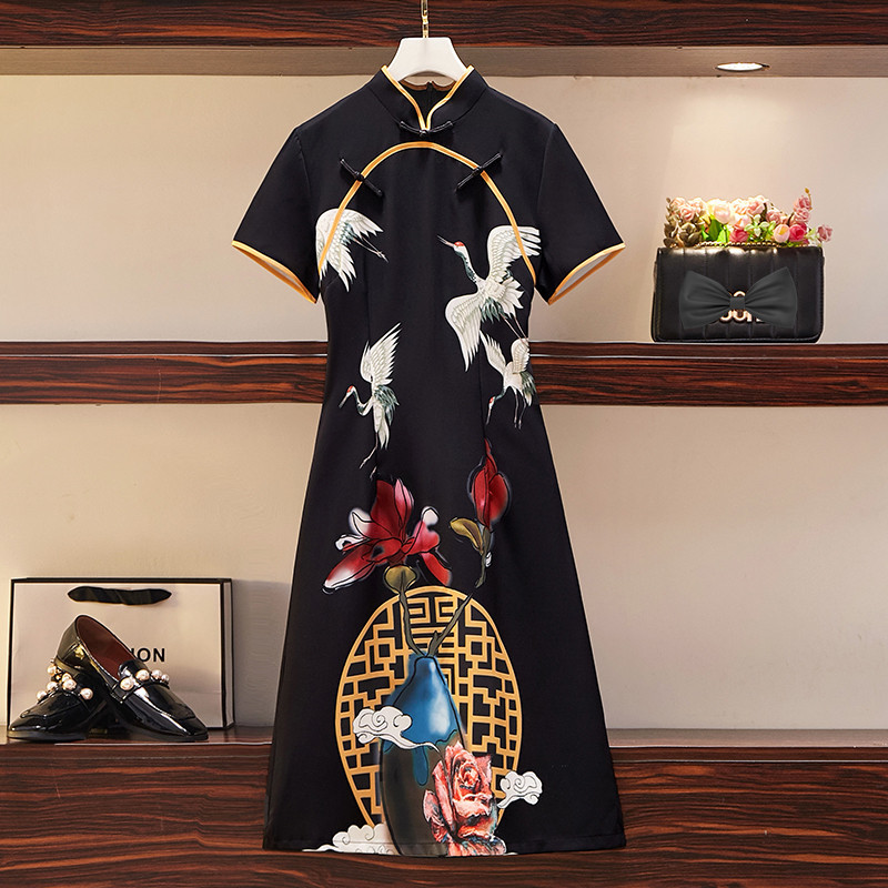 

Chinese Cheongsam Style Summer Elegant Women's Short Sleeves Black Slim Vintage Crane Print Dress Female Dresses 210519