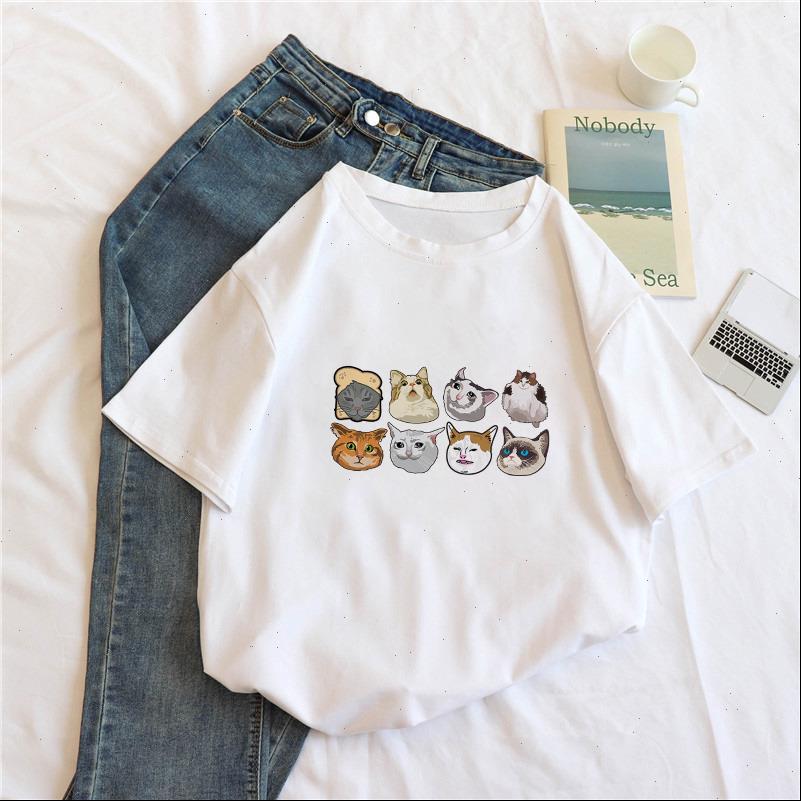 

Womens Women T Shirts shirt Cartoon Cat Top Short Sleeve Casual Printing Ulzzang Clothes kawaii harajuku Retro, White
