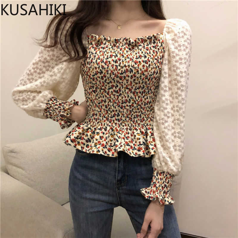 

KUSAHIKI Pleated Puff Sleeve Floral Blouse Women Korean Square Collar Shirt Spring Slim Waist Ruffle Blusas Mujer 6F734 210602, Photo color