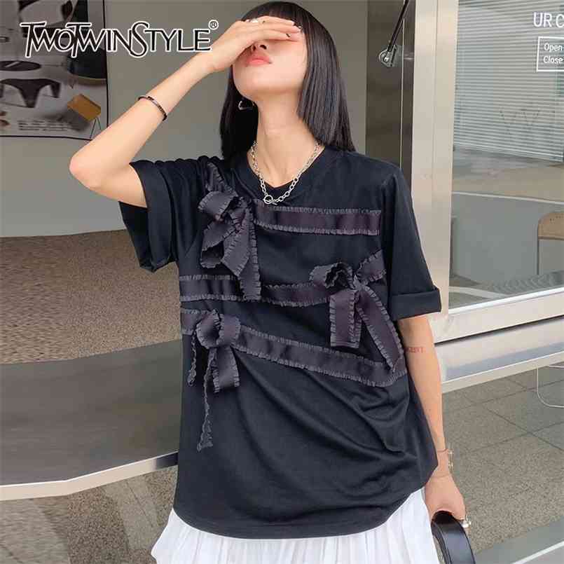 

TWOWINSYLE Loose Patchwork Bowknot Shirt For Women O Neck Short Sleeve Casual Solid Shirts Female Fashion Clothes ide 210524, White