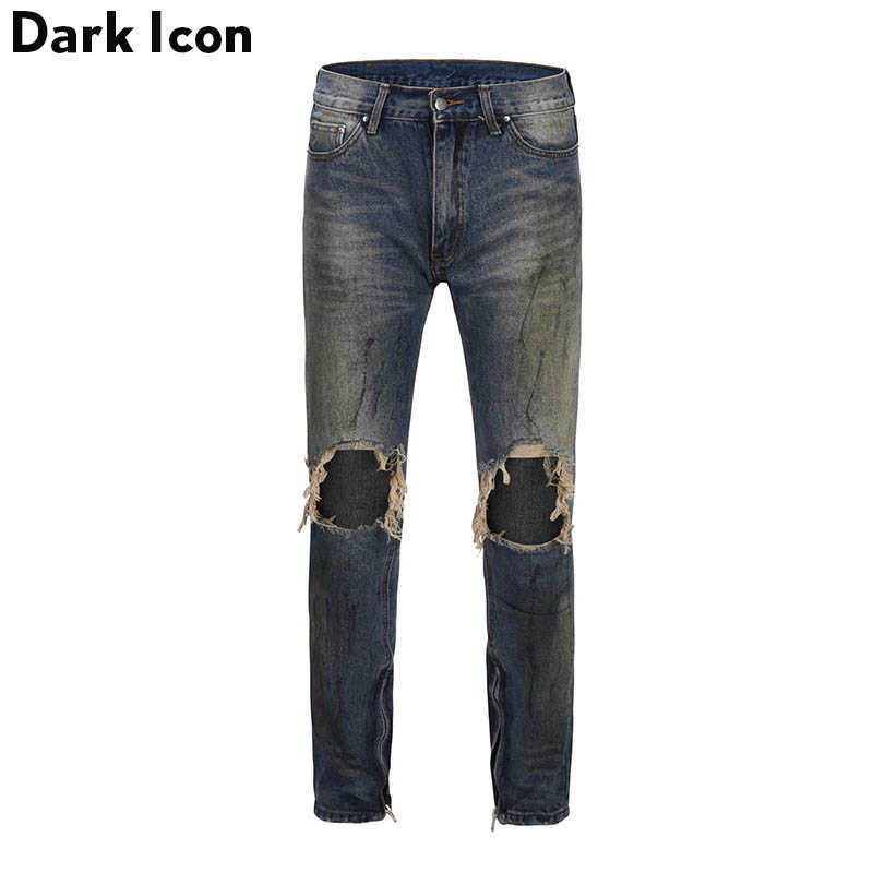 

Stoashed Ripped Ankle Zipper Dirty Jeans High Street Jeans Men Regular Style Destroyed Men's Pants 210603, Blue jeans