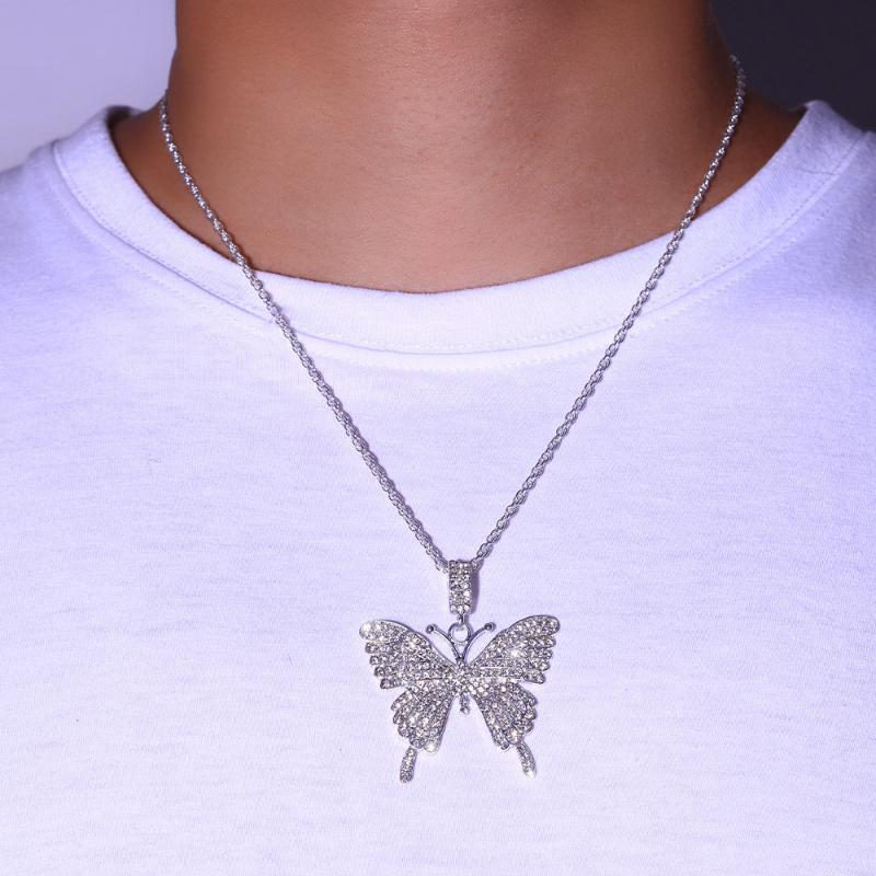 

Pendant Necklaces Stonefans Punk Stainless Steel Chain Butterfly Necklace Wholesale Big Rhinestone Hip Hop Jewelry