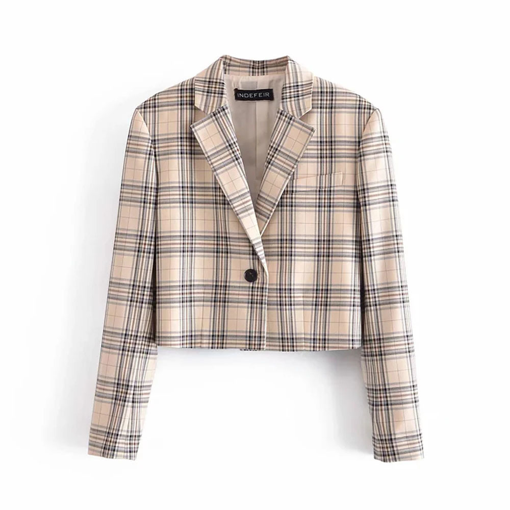 

BBWM Women Retro Commute Lattice Long Sleeve A Buckle Top Jacket Fashion Ladies Coat Chic Female Outerwear Spring 210520, Multi