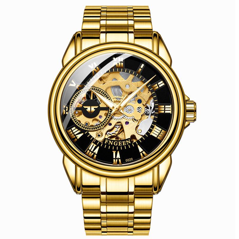 

Wristwatches FNGEEN Self Wind Mechanical Watches For Men Clock 2021 Selling Fully Automatic Skeleton Wristwatch Steel Gold Men's Watch, Leathergoldgold