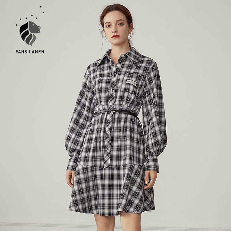 

FANSILANEN Lantern sleeve vintage plaid shirt dress Women belt elegant office midi Female slim casual autumn winter 210607