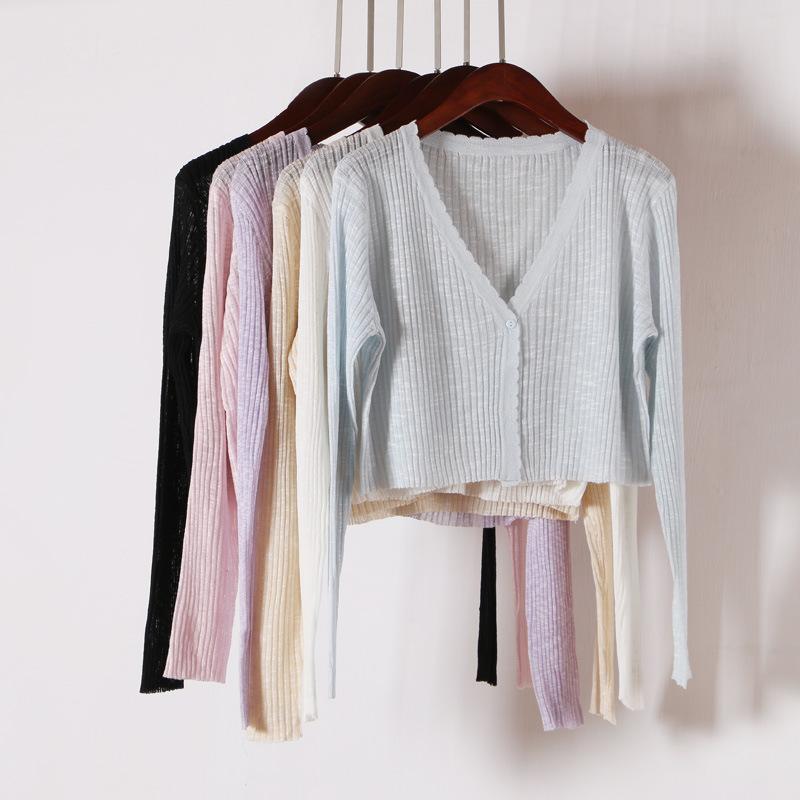 

Women's Blouses & Shirts Summer Thin Prevent Bask Women Striped Hollow Out V-Neck Collar Full Sleeve Solid Color Single Button Short Length, Sky blue