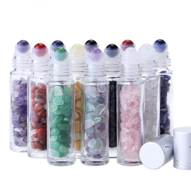 

Natural Gemstone Essential Oil Roller Ball Bottles Clear Perfumes Oils Liquids Roll On Bottle With Crystal Chips FWF7108