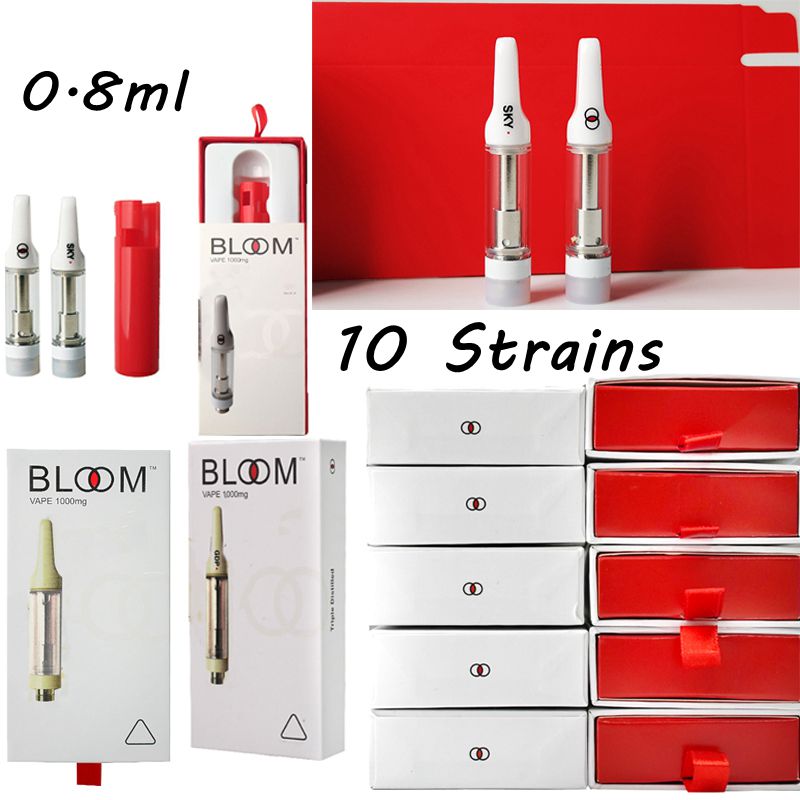 

Bloom 10 Strains Thick Oil Atomizer 0.8ml Empty Cartridges Packaging Glass Tank Vape Carts Ceramic Coil E Cigarette Cartridge Dab Wax Pen Vaporizer Atomizers