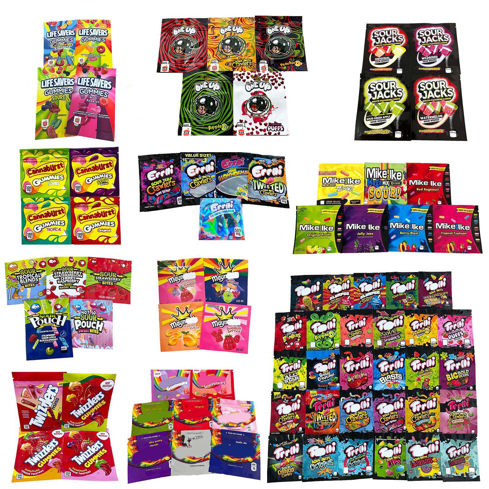 

empty candy edibles mylar packaging bags trrlli jacks warheads errlli mike and lke lifesavers gummies cannaburst twizzlers sour pouch jacks