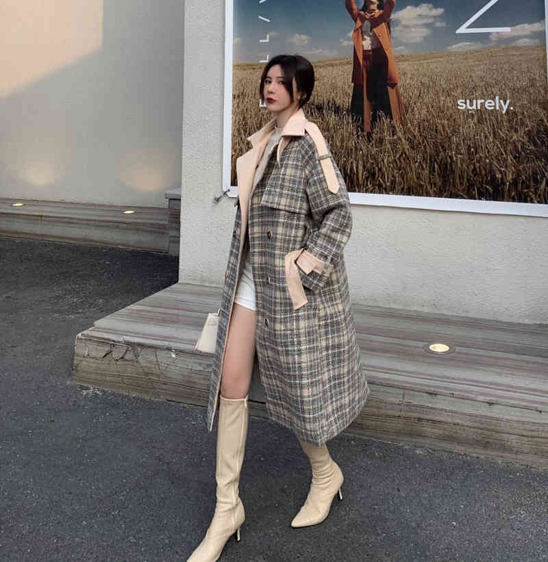 

Women's Trench Coats Female Korean double breasted casual woolen sweater winter loose elegant plaid jackets midi sleeve long windbreaker 63UY, 1# shoe box