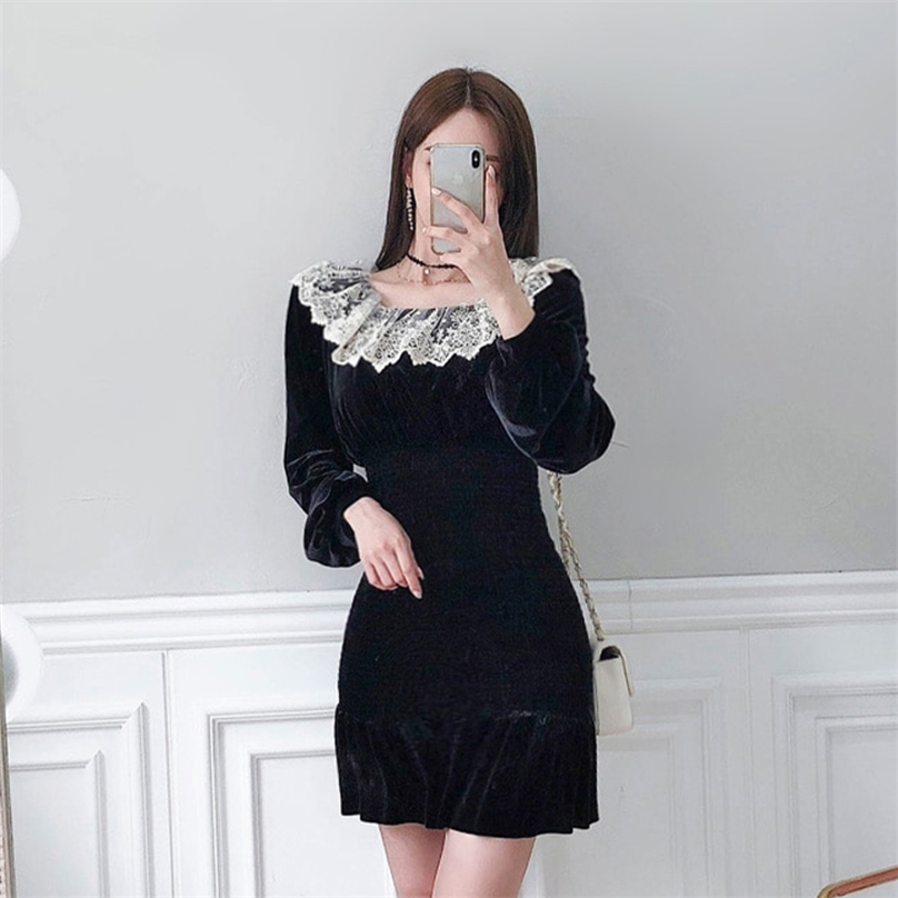 

Han edition in the fall of lace crochet falbala collar cultivate one' morality package buttocks velvet dress 210602, Black