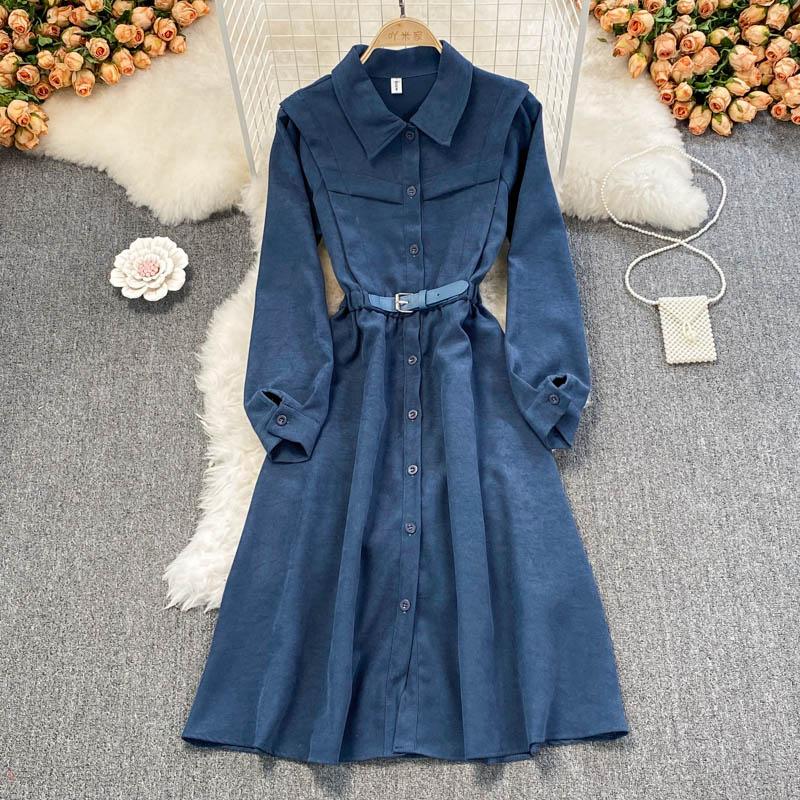 

Casual Dresses YIZZHOY Spring Autumn Women Medium Long Waist Closing Slim Bubble Sleeve Lapel Single Breasted Corduroy Dress, Black;gray