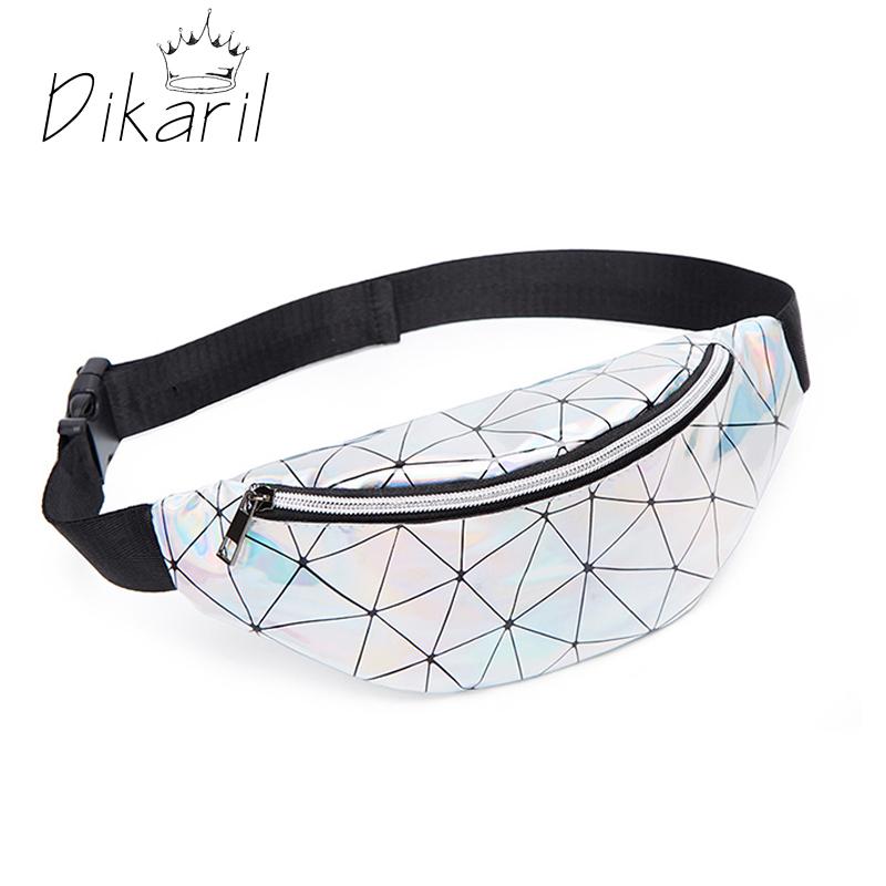 

Dikaril Holographic Fanny Pack For Women Ladies Hologram Waist Bag Black Geometric Leather Chest Hip Pouch Bags