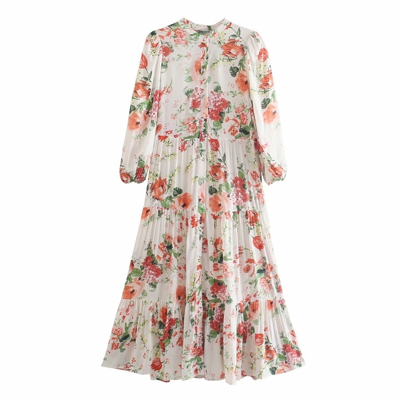 Casual Dresses Women Floral Print Cottagecore Long Puff Sleeve Ruffled Hem Vintage Summer Female Button Up Elegant 8SL8-image-703064312