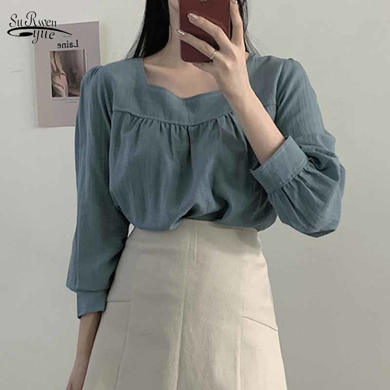 Plus Size Women Clothing Sweet Korean Style Square Collar Solid Color Blouse Long Puff Sleeve Splicing Shirts Blusas 11667 210508