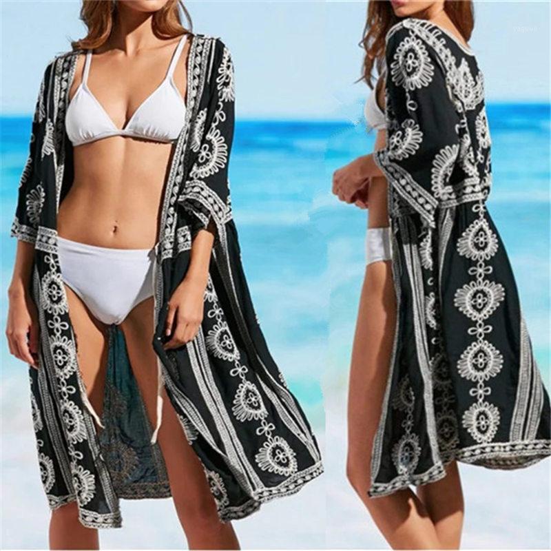 

Indie Folk Embroidered Bikini Cover-ups Sexy Front Open Three Quarter Sleeve Long Kimono Cardigan Plus Size Women Beachwear Q879 Women's Swi, Multi