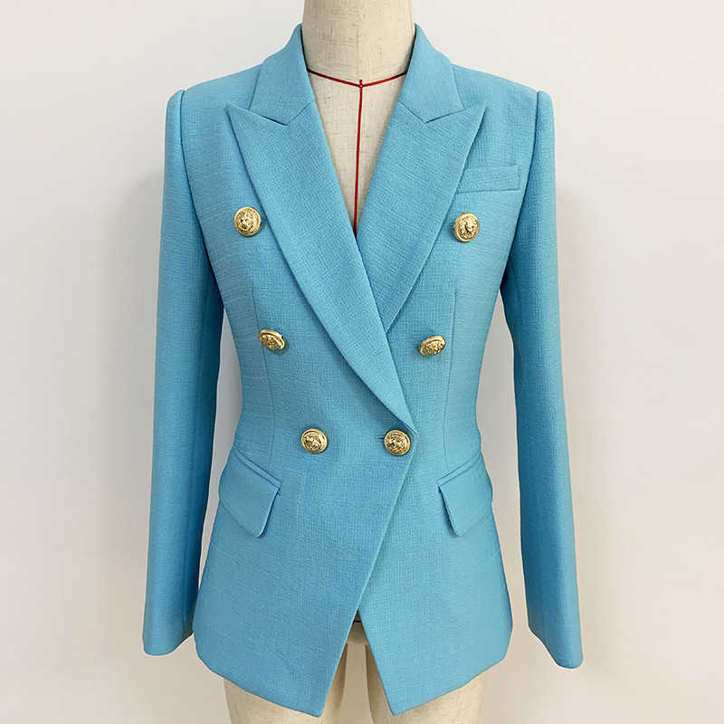 

autumn and winter women's high-end ladies office suit blue jacket Temperament Slim Metal Double-breasted Ladies Blazer 210527, Sky blue