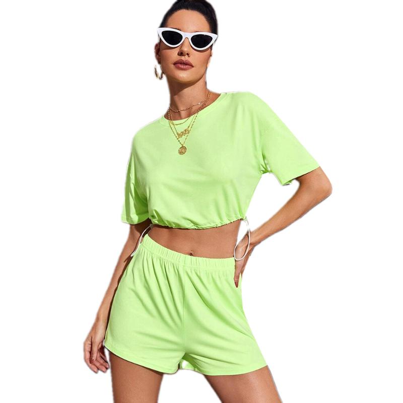 

Women' Tracksuits Summer European And American Fashion Casual Two Piece Suit 2021 Drawstring Short Sleeve T-Shirt Top Sports, Fluorescent green