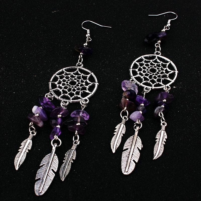 

Party Favor Gothic Dream Catcher Earrings Female Amethyst Beads Feather Leaf Pagan BENL889