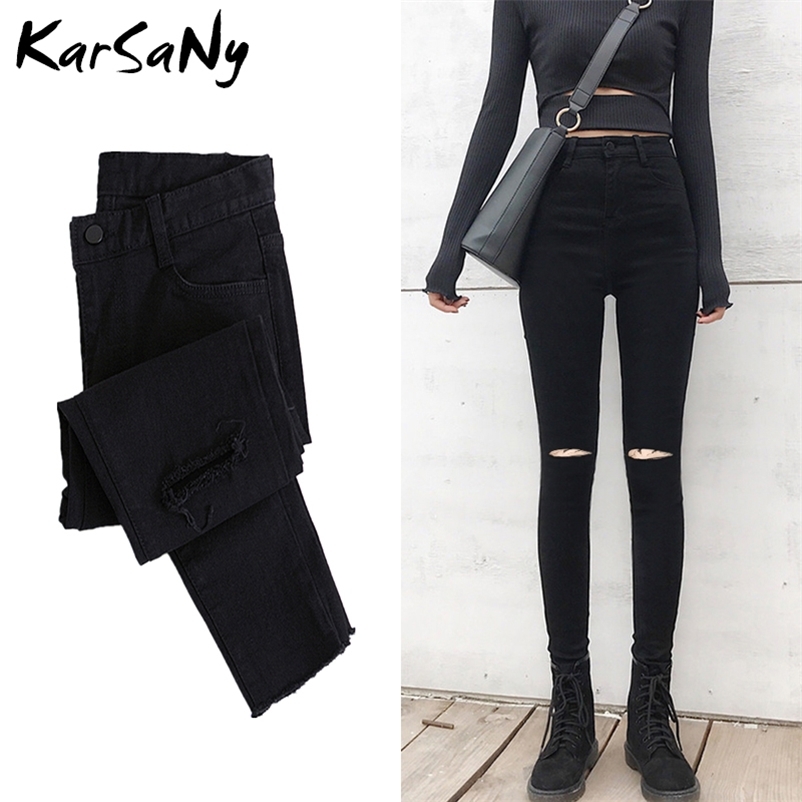 

Skinny Ripped Jeans For Women Stretch High Waist Black With Holes Destroyed Denim Pants Summer Jean 210629, 8 capris no