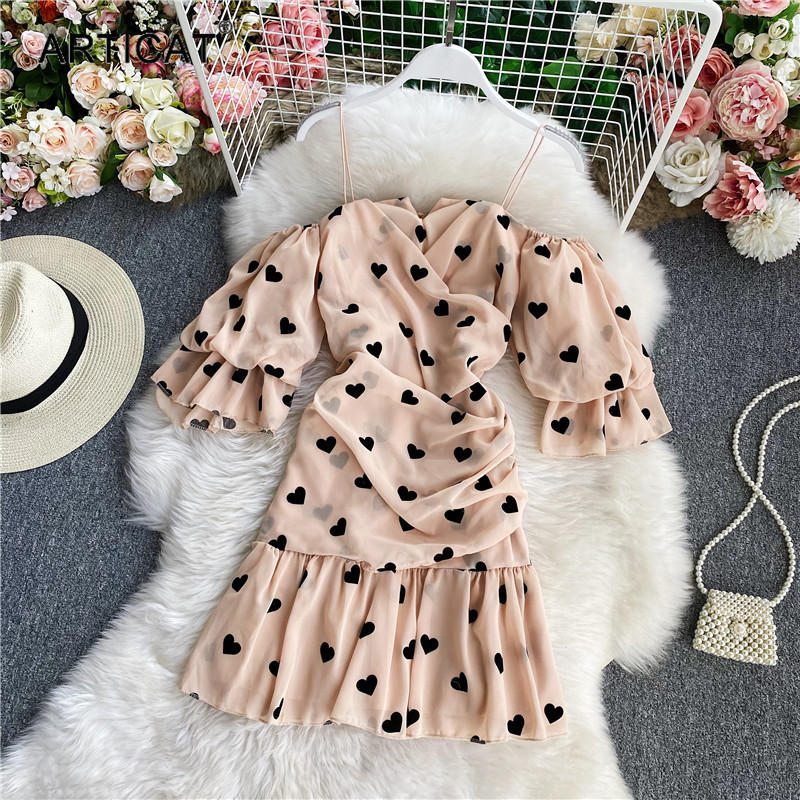 

french vintage strapless short flared sleeve a line dress for women elegant heart printed mini dress vestidos partywearhigh quality, Black;gray