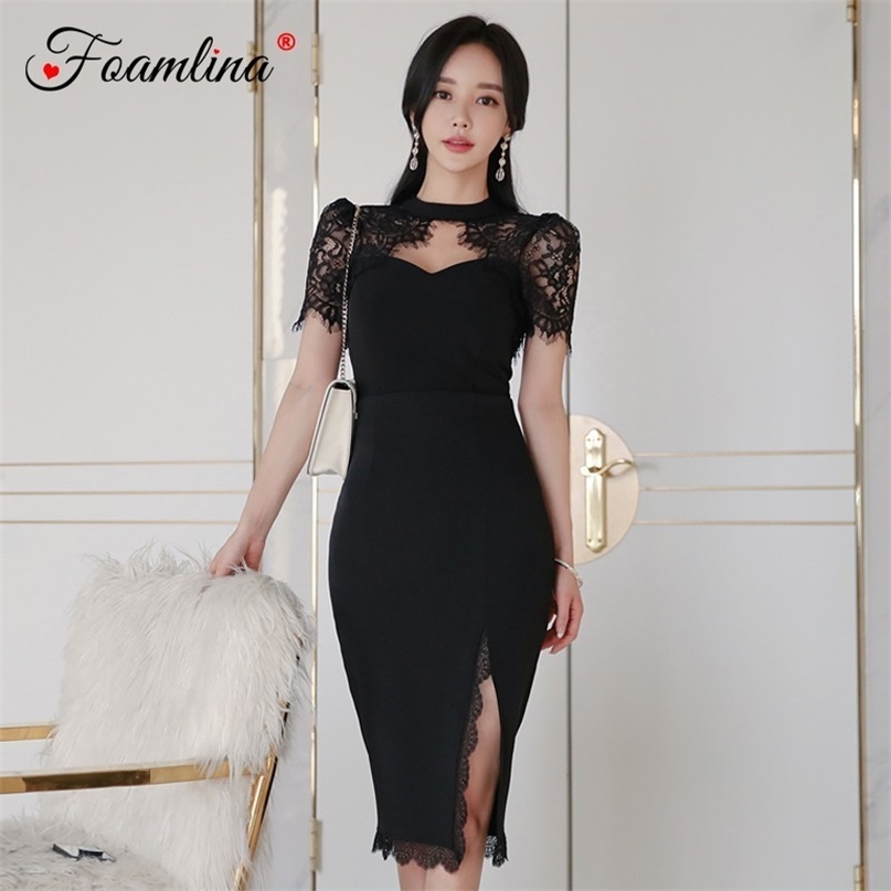 

Sexy Women Summer Two Pieces Set Black Short Sleeve Hollow Out Floral Lace Top and Pencil Skirt Suits for Party 210603