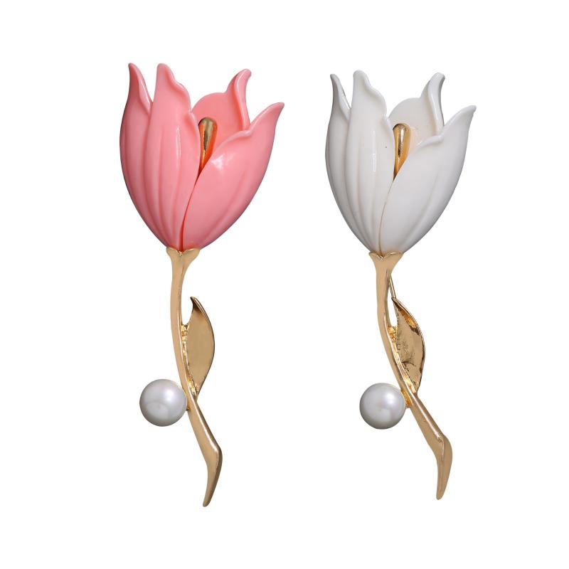 

Pins, Brooches HZ 2021 Retro Plant Tulip White Pink Flowers Pearl Metal Butterfly Brooch For Women Autumn Winter Coat Accessories Jewelry