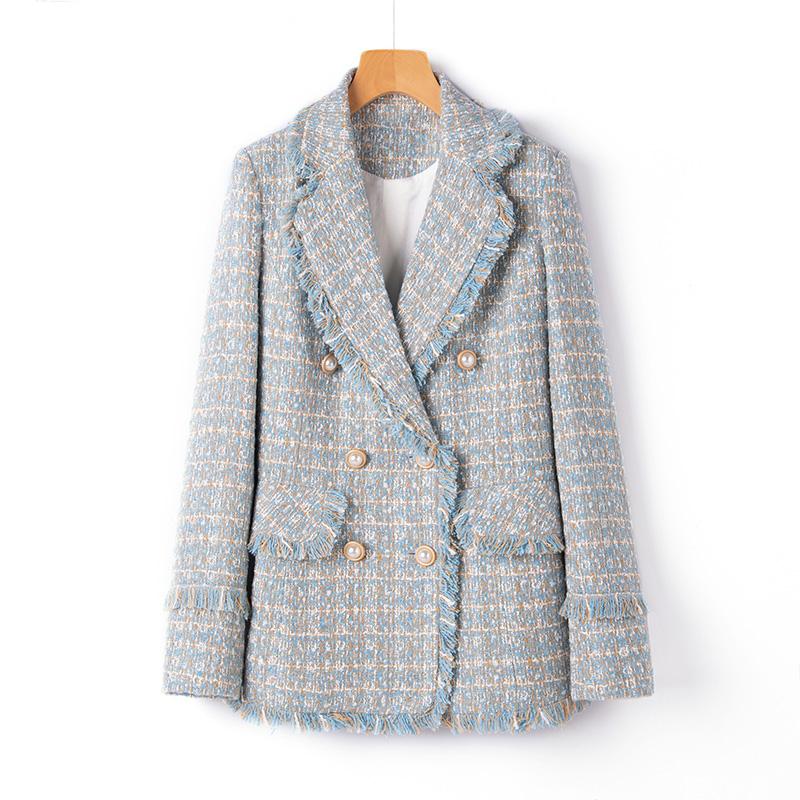

Large Size Light Blue Tweed Suit Jacket Spring Autumn Fashion Retro Short Lapel Double-breasted Plaid Top S399, Pink