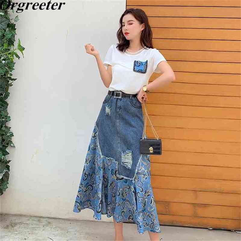 

Jeans Skirt Suits Women Summer Tshirt With Hole Tassel Retro Printting Mid-calf Denim 2 piece Set -XXL 210602, Pink set
