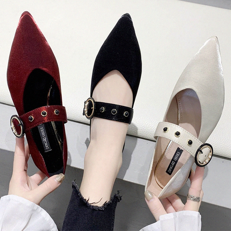 

Rivets Metal Bound Buckle Band Pointed Toe Flock Ballet Flats Woman Loafers Shallow Low Heel Moccasins Shoes Women Ballerina2020 M3TO#, Wine red