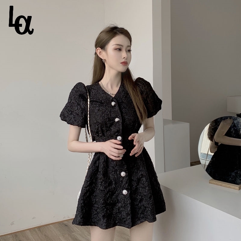 

Puff Sleeve Button Dress Mini Backless V-Neck Summer Party White Elegant Pink Korean Robe Femme Ete Vestidos Curto 210519, Black