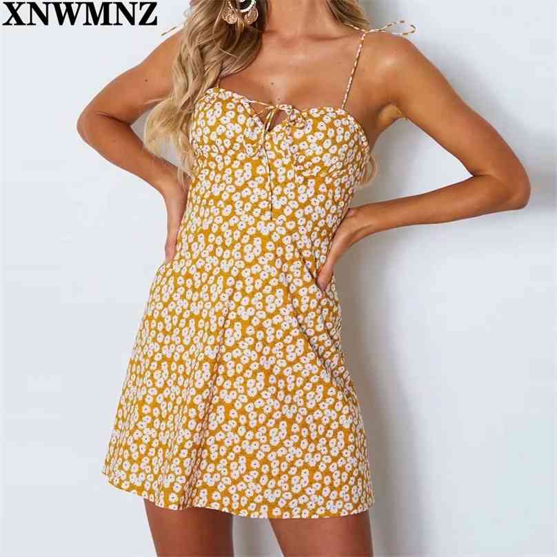

Tie Strap Mini Dress Women Floral Print Vestidos Summer Sexy V Neck Backless Party Night Club A-Line Dresses 210520, Beige