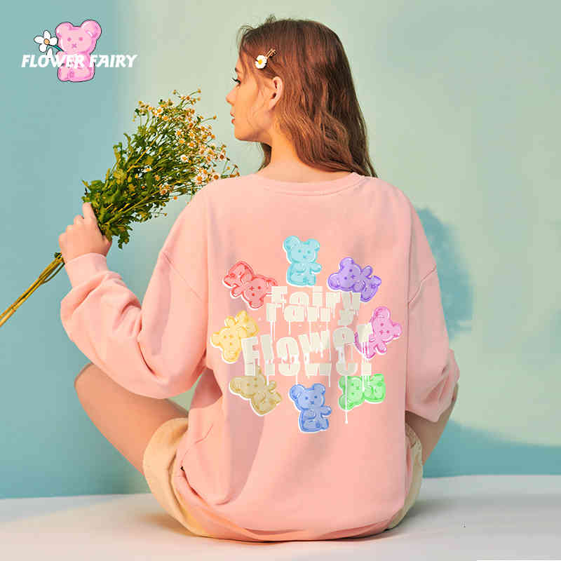 

Women's Hoodies & Sweatshirts Little bear around the neck velo-lined female sweater 2021 clothing fried street salt pink top soft coat