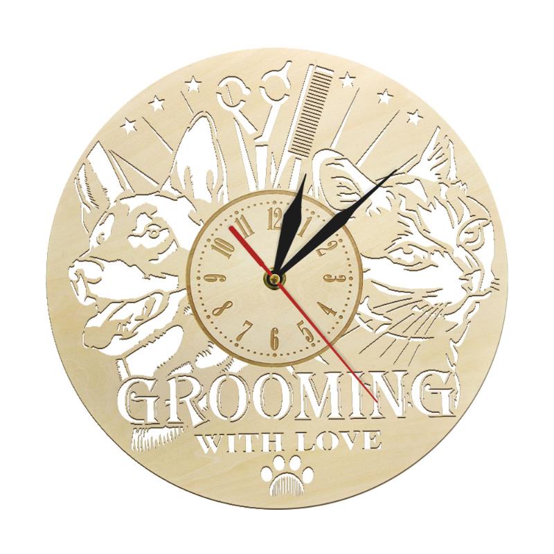 

Wall Clocks Pet Care Grooming Clock Wooden Home Decor Shop Watch Cat Dog Salon Groomer