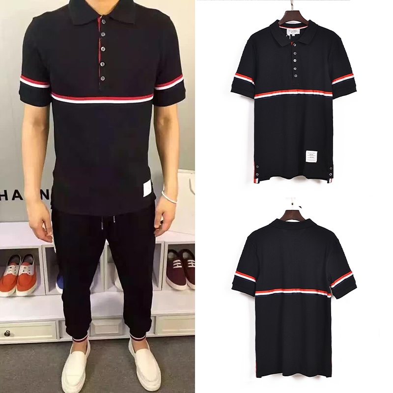 

2021 summer new TB ribbon Polo Shirt Short Sleeve Paul shirt Lapel Korean casual T-shirt trendy men, Black